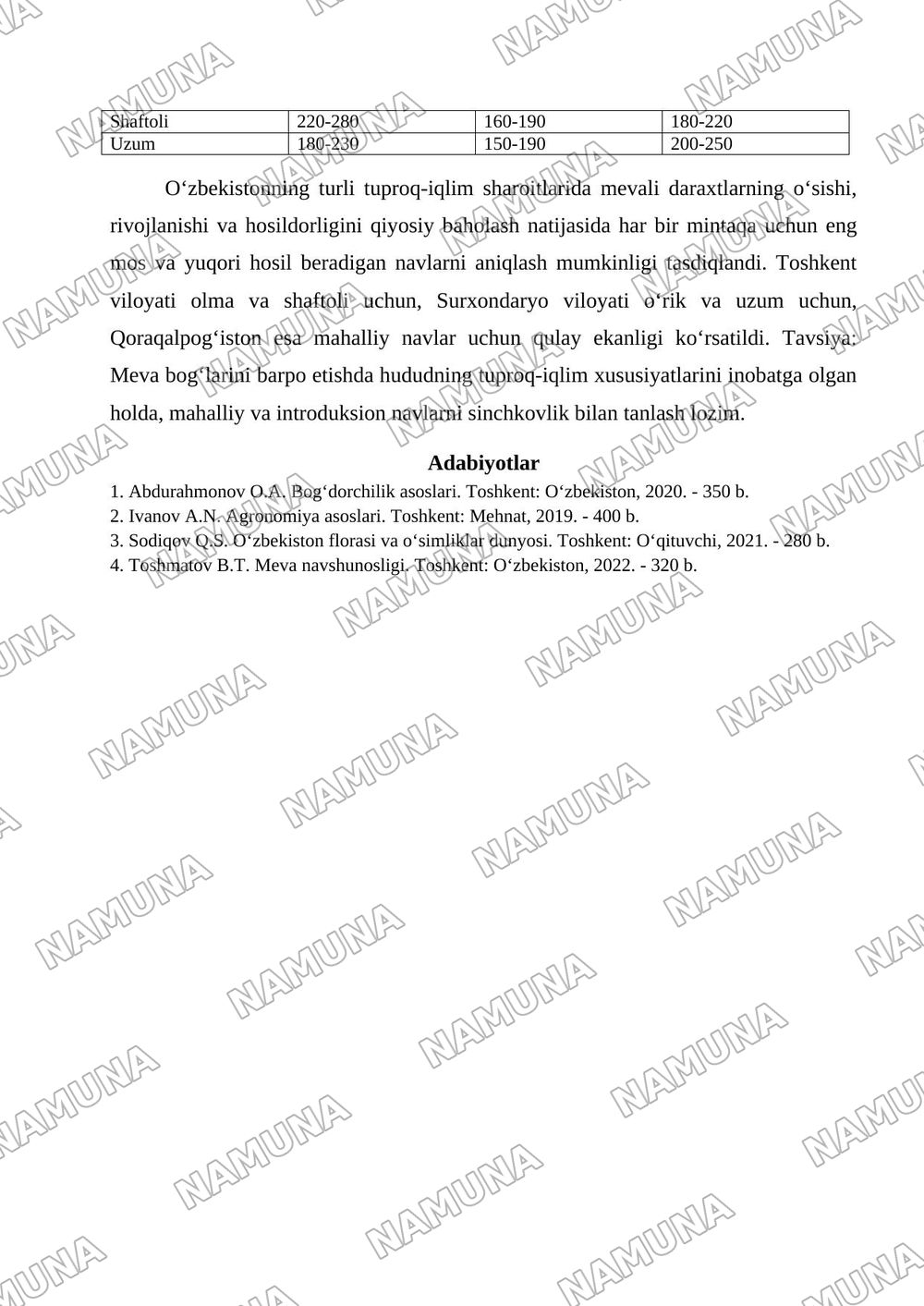 Oʻzbekistonning turli tuproq-iqlim sharoitlarida mevali daraxtlarning oʻsishi, rivojlanishi va hosildorlikka koʻrsatkichlarini qiyosiy baholash — tezis, 3-varaq