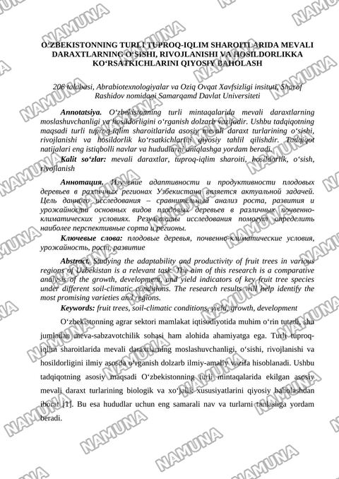 Oʻzbekistonning turli tuproq-iqlim sharoitlarida mevali daraxtlarning oʻsishi, rivojlanishi va hosildorlikka koʻrsatkichlarini qiyosiy baholash — tezis