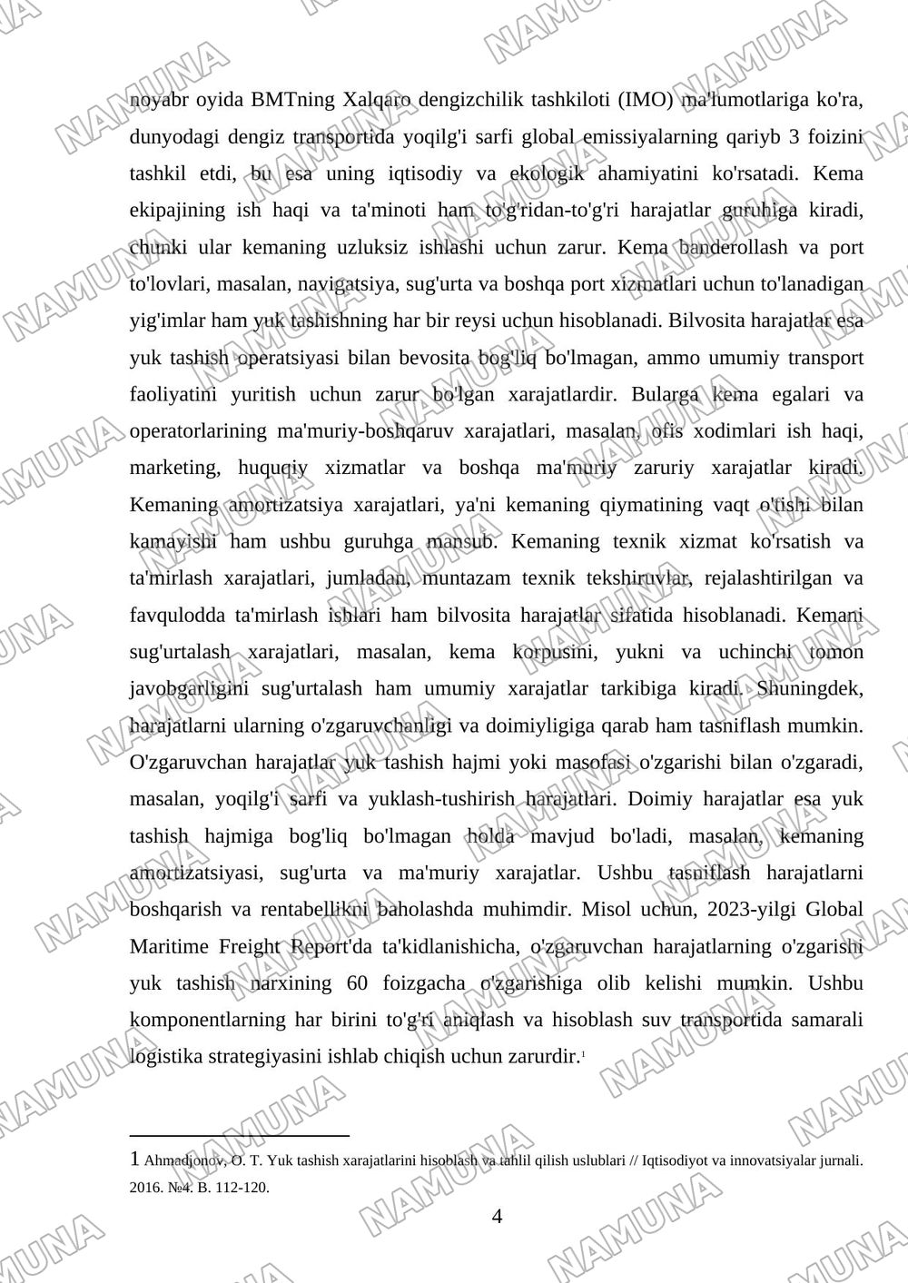 Suv transportida yuklarni tashishda tashish harajatlarini aniqlash — mustaqil ish, 4-varaq