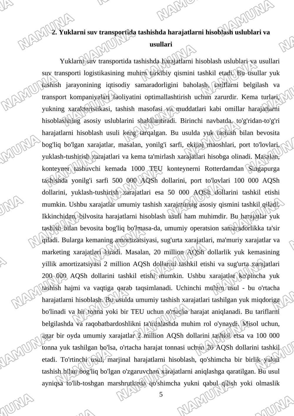 Suv transportida yuklarni tashishda tashish harajatlarini aniqlash — mustaqil ish, 5-varaq