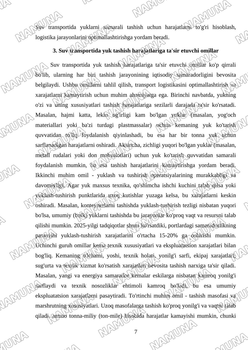 Suv transportida yuklarni tashishda tashish harajatlarini aniqlash — mustaqil ish, 7-varaq