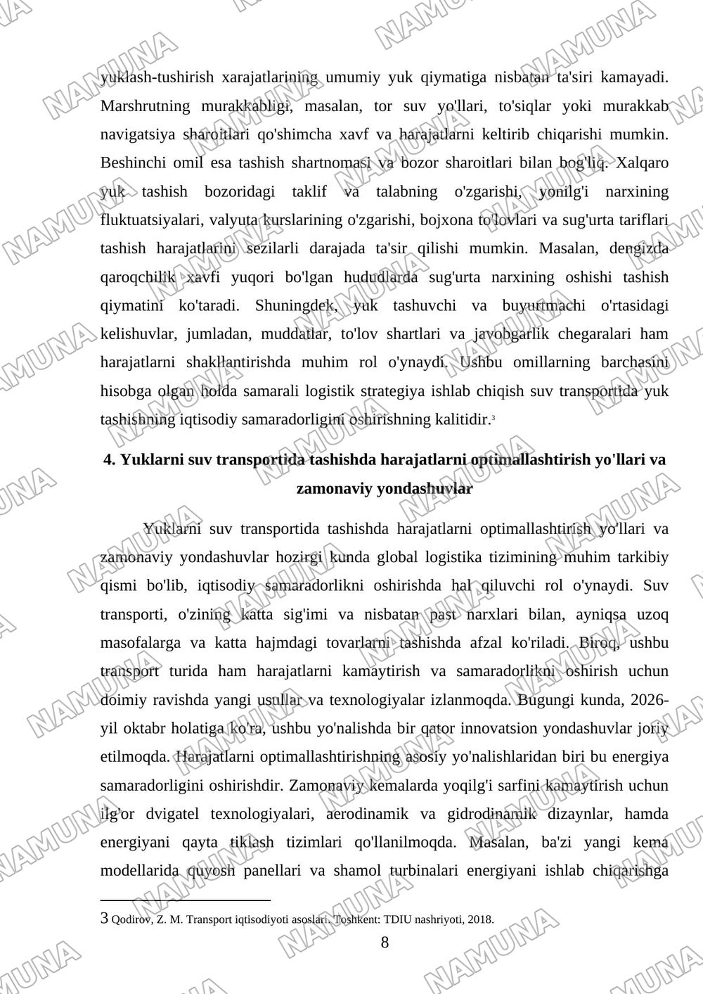 Suv transportida yuklarni tashishda tashish harajatlarini aniqlash — mustaqil ish, 8-varaq