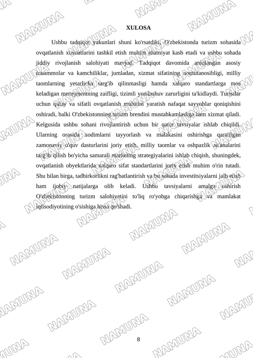 Turizmda ovqatlanish xizmatlarini tashkil etish — mustaqil ish, 8-varaq
