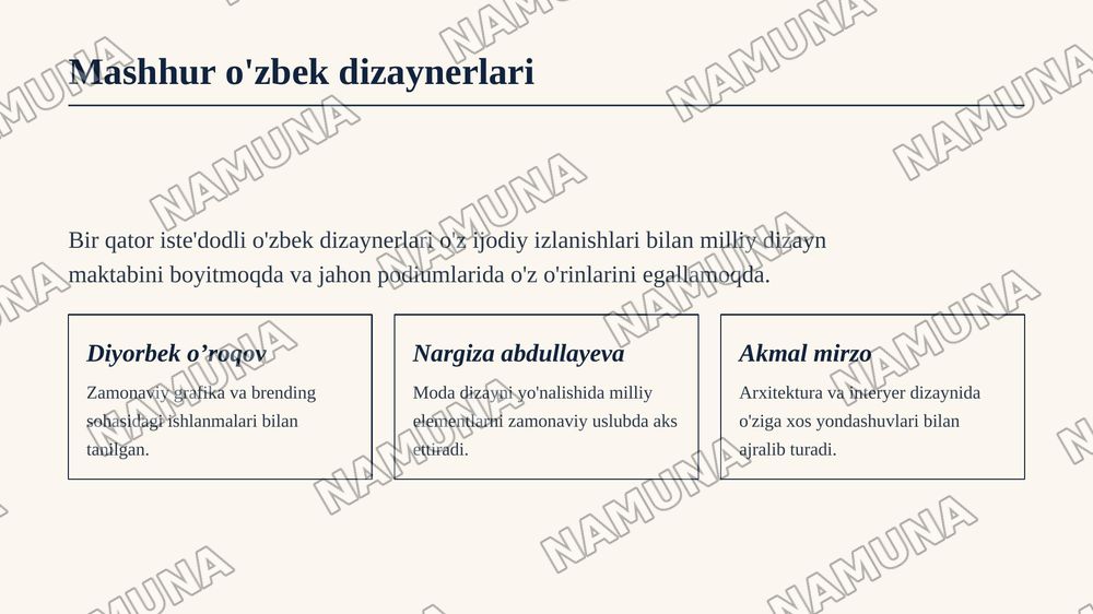 O’ZBEK DIZAYNERLARI VA BRENDLARI — zamonaviy taqdimot, 4-slayd
