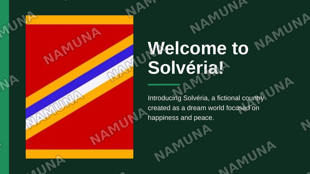 Welcome to Solvéria!
Hello everyone!
Today, I want to tell you about my own country, Solvéria.
Solvéria is a fictional country. I created it for one main reason: to make people happy. It is a peaceful place where people can enjoy life without stress.
1. Geography and Climate
Solvéria has a spec — zamonaviy taqdimot, 1-slayd