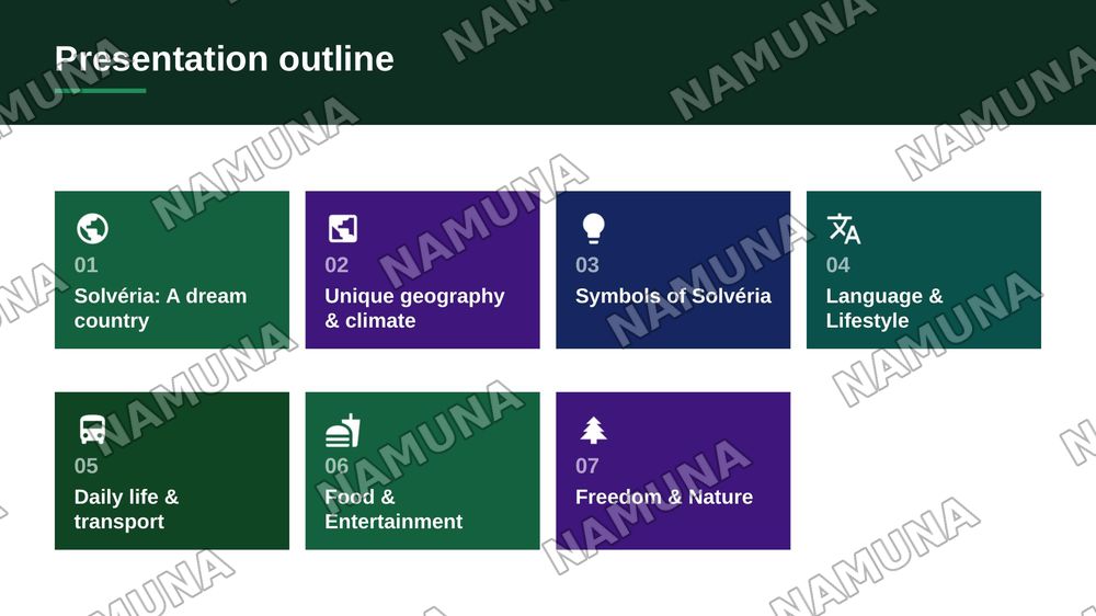 Welcome to Solvéria!
Hello everyone!
Today, I want to tell you about my own country, Solvéria.
Solvéria is a fictional country. I created it for one main reason: to make people happy. It is a peaceful place where people can enjoy life without stress.
1. Geography and Climate
Solvéria has a spec — zamonaviy taqdimot, 2-slayd