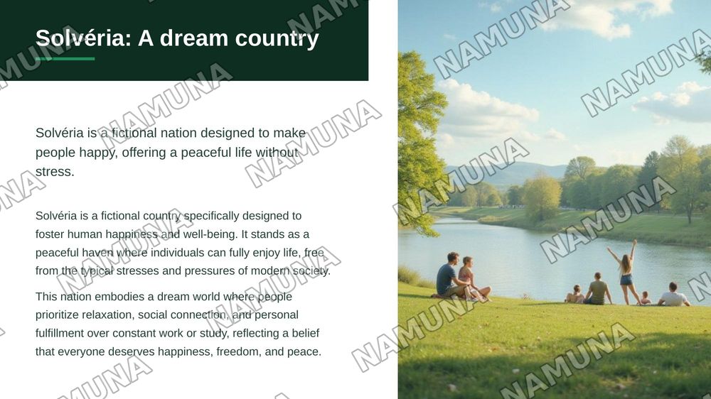 Welcome to Solvéria!
Hello everyone!
Today, I want to tell you about my own country, Solvéria.
Solvéria is a fictional country. I created it for one main reason: to make people happy. It is a peaceful place where people can enjoy life without stress.
1. Geography and Climate
Solvéria has a spec — zamonaviy taqdimot, 3-slayd