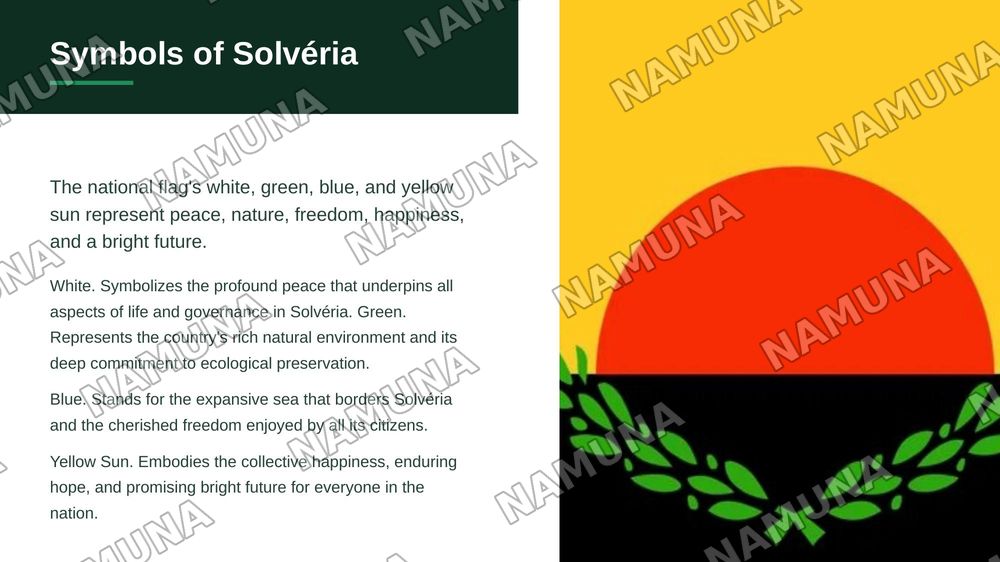 Welcome to Solvéria!
Hello everyone!
Today, I want to tell you about my own country, Solvéria.
Solvéria is a fictional country. I created it for one main reason: to make people happy. It is a peaceful place where people can enjoy life without stress.
1. Geography and Climate
Solvéria has a spec — zamonaviy taqdimot, 5-slayd