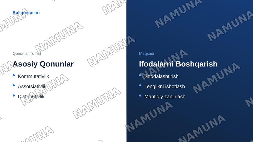 Bul algebrasi mantiqiy tenglik va mantiq ifodalarini soddalashtirish — zamonaviy taqdimot, 6-slayd