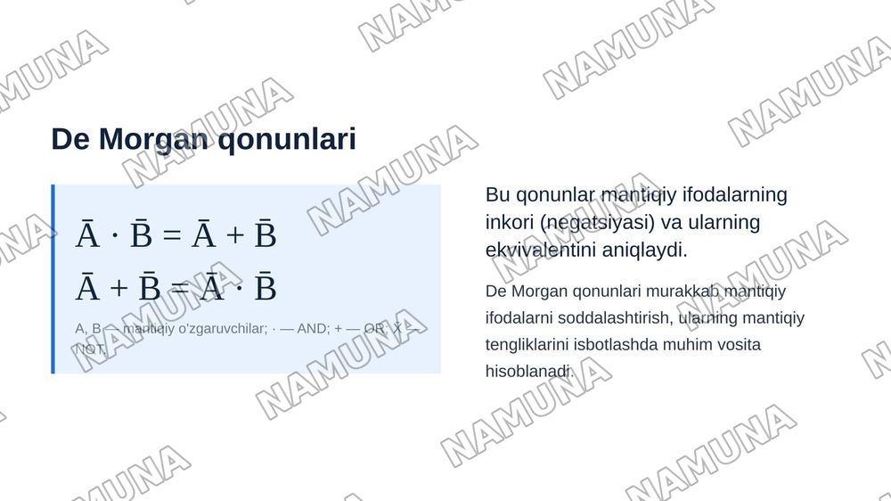 Bul algebrasi mantiqiy tenglik va mantiq ifodalarini soddalashtirish — zamonaviy taqdimot, 7-slayd
