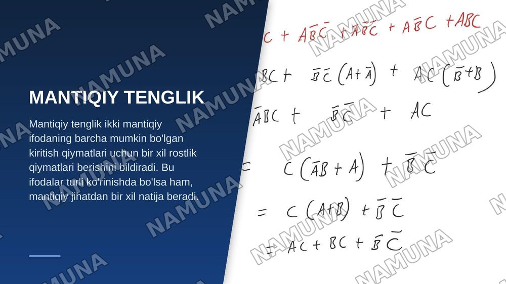 Bul algebrasi mantiqiy tenglik va mantiq ifodalarini soddalashtirish — zamonaviy taqdimot, 8-slayd