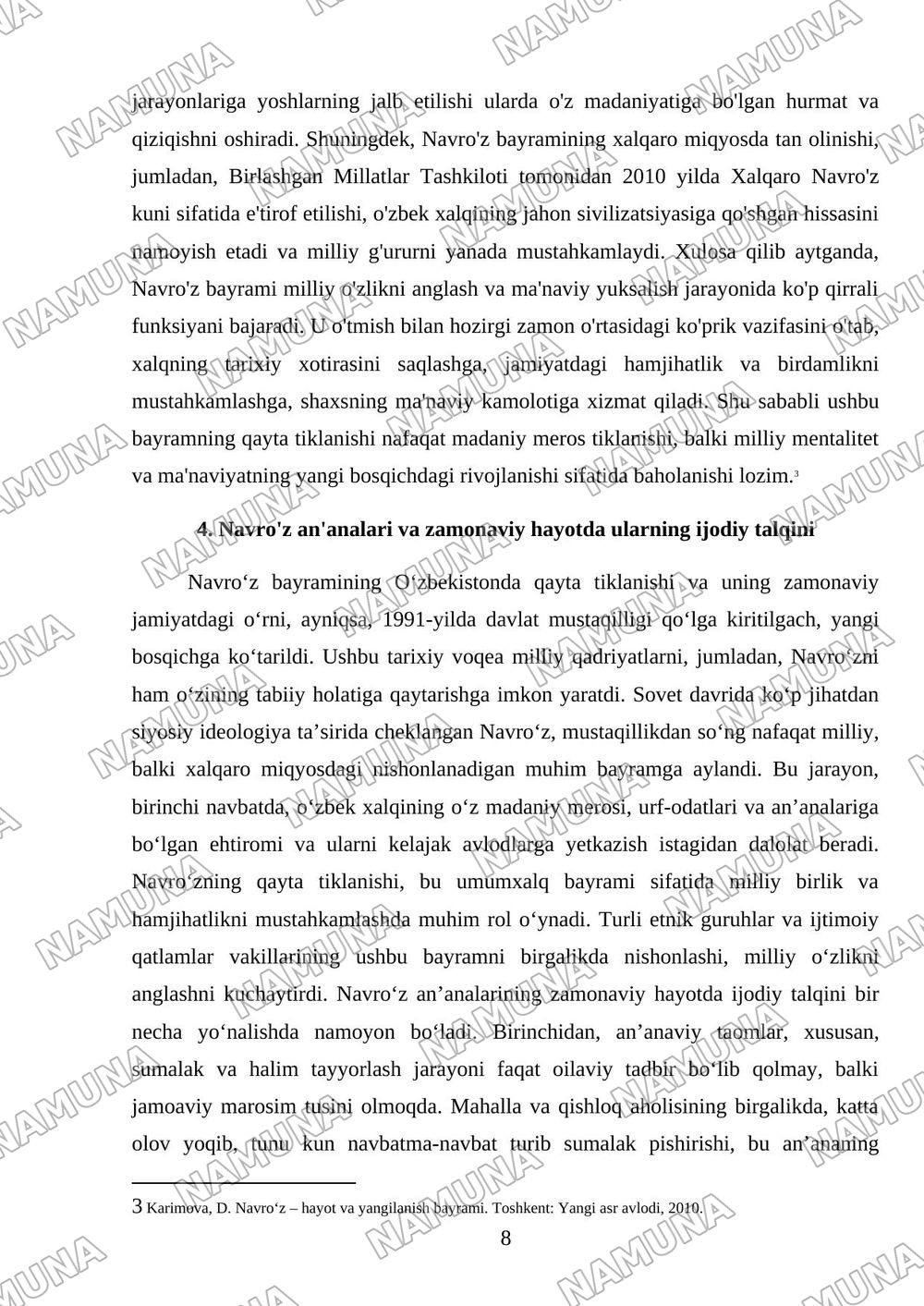 Navro’z bayramining qayta tiklanishi va ahamiyati — mustaqil ish, 8-varaq