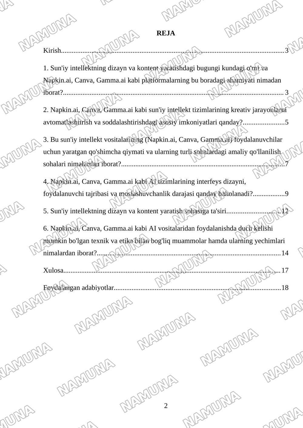 18 Sun’iy intellekt tizimlari. Napkin.ai, Canva, Gamma.ai imkoniyatlari — mustaqil ish, 2-varaq