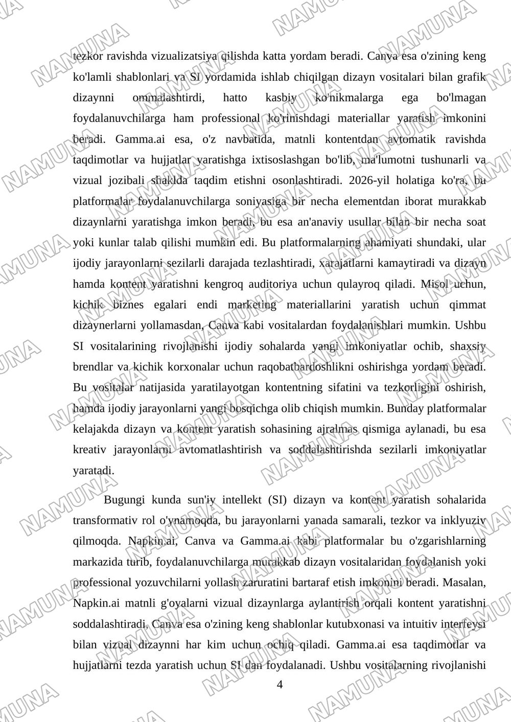 18 Sun’iy intellekt tizimlari. Napkin.ai, Canva, Gamma.ai imkoniyatlari — mustaqil ish, 4-varaq