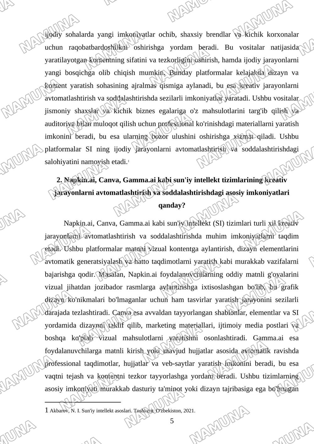 18 Sun’iy intellekt tizimlari. Napkin.ai, Canva, Gamma.ai imkoniyatlari — mustaqil ish, 5-varaq