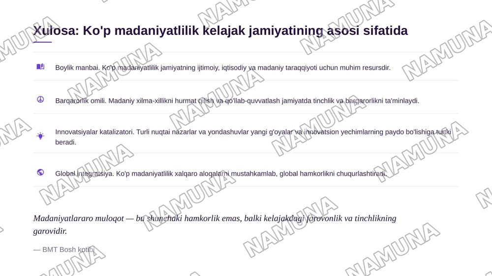 Ko'p madaniyatlilik tushunchasi, uning mazmun-mohiyati va zamonaviy jamiyatdagi ahamiyati. — zamonaviy taqdimot, 8-slayd