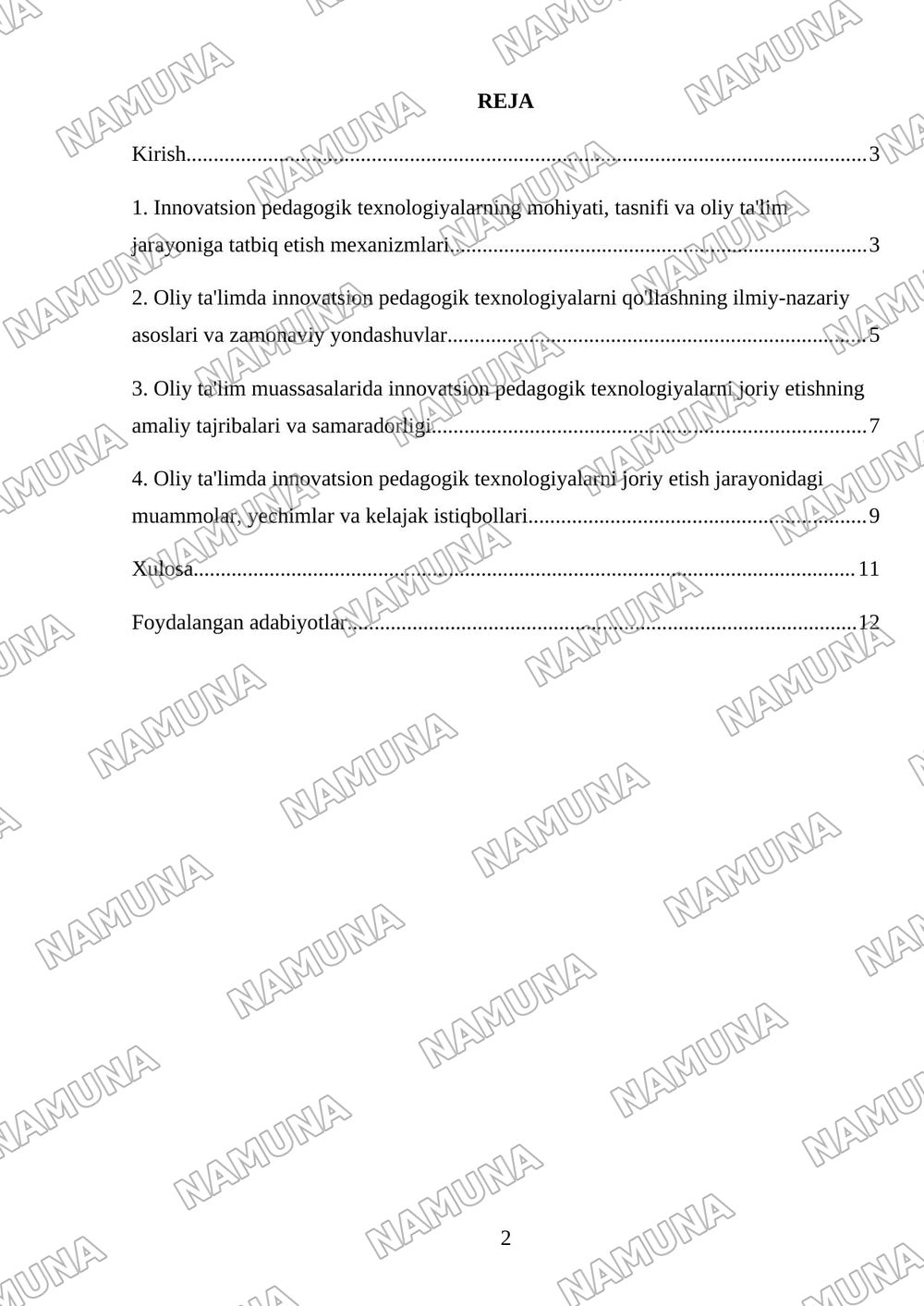 'Oliy ta'limda innovatsion pedagogik texnologiyalarni joriy etish' mavzusida yakuniy ijodiy loyiha tayyorlang va himoya qiling. — mustaqil ish, 2-varaq