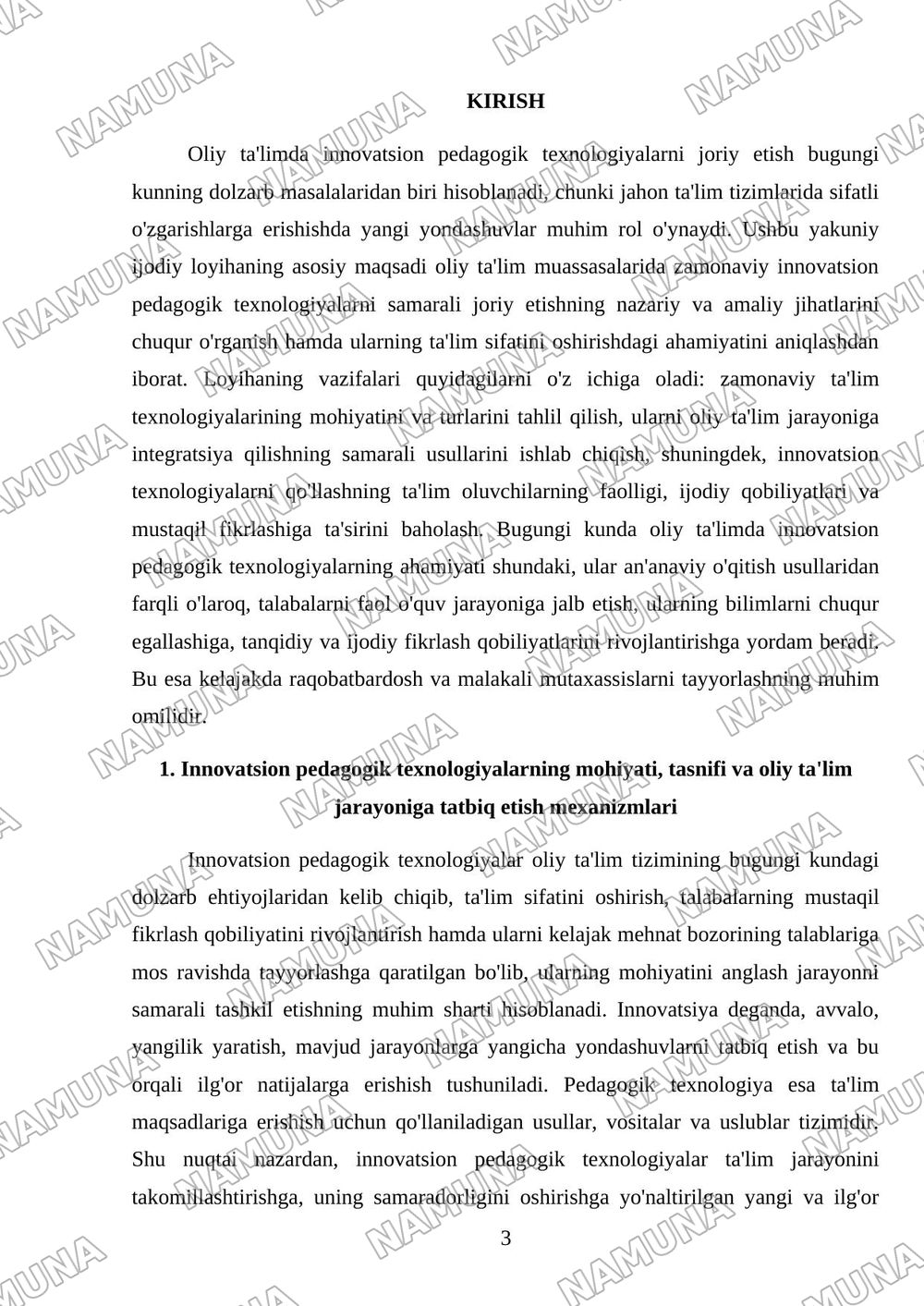 'Oliy ta'limda innovatsion pedagogik texnologiyalarni joriy etish' mavzusida yakuniy ijodiy loyiha tayyorlang va himoya qiling. — mustaqil ish, 3-varaq
