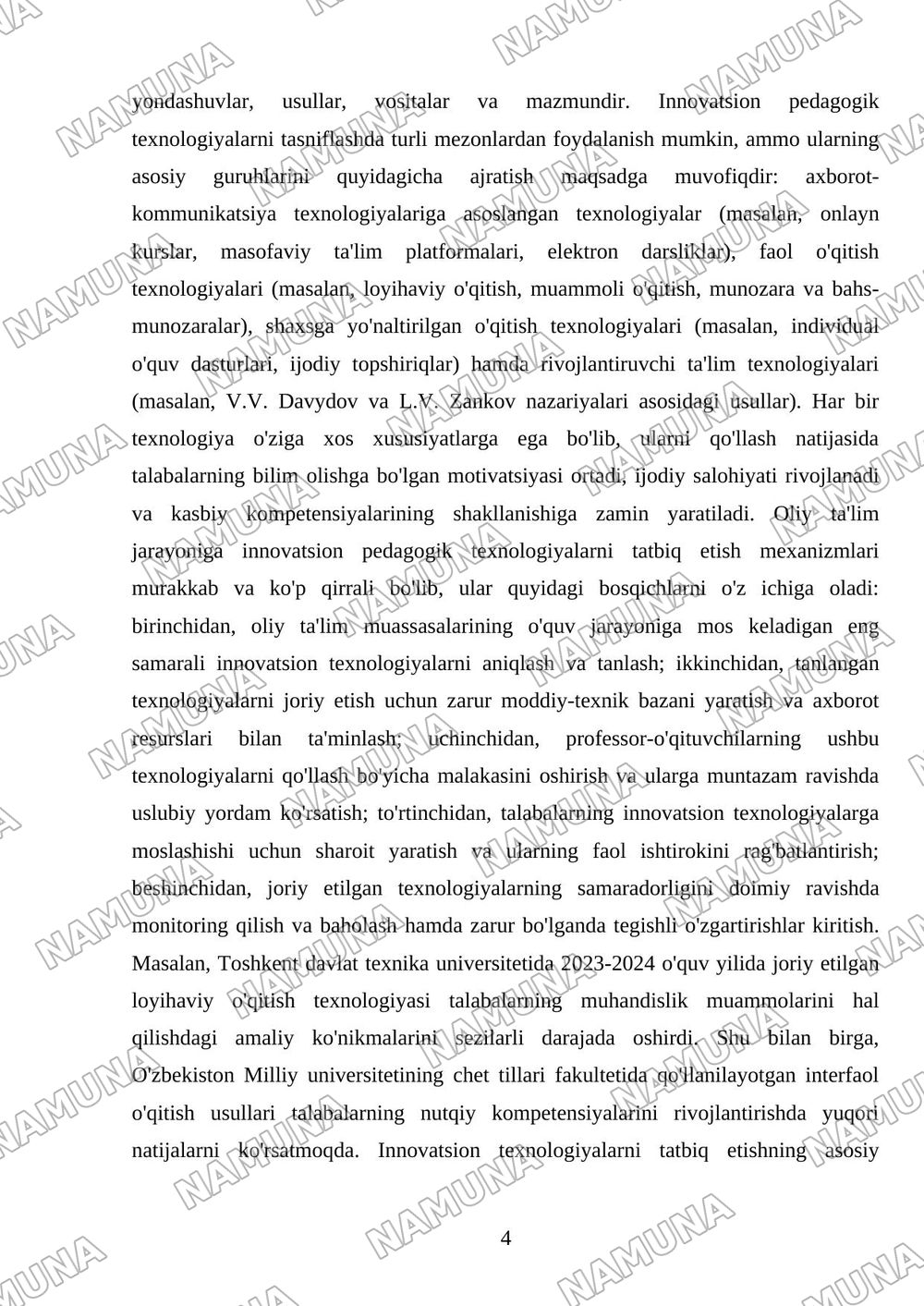 'Oliy ta'limda innovatsion pedagogik texnologiyalarni joriy etish' mavzusida yakuniy ijodiy loyiha tayyorlang va himoya qiling. — mustaqil ish, 4-varaq