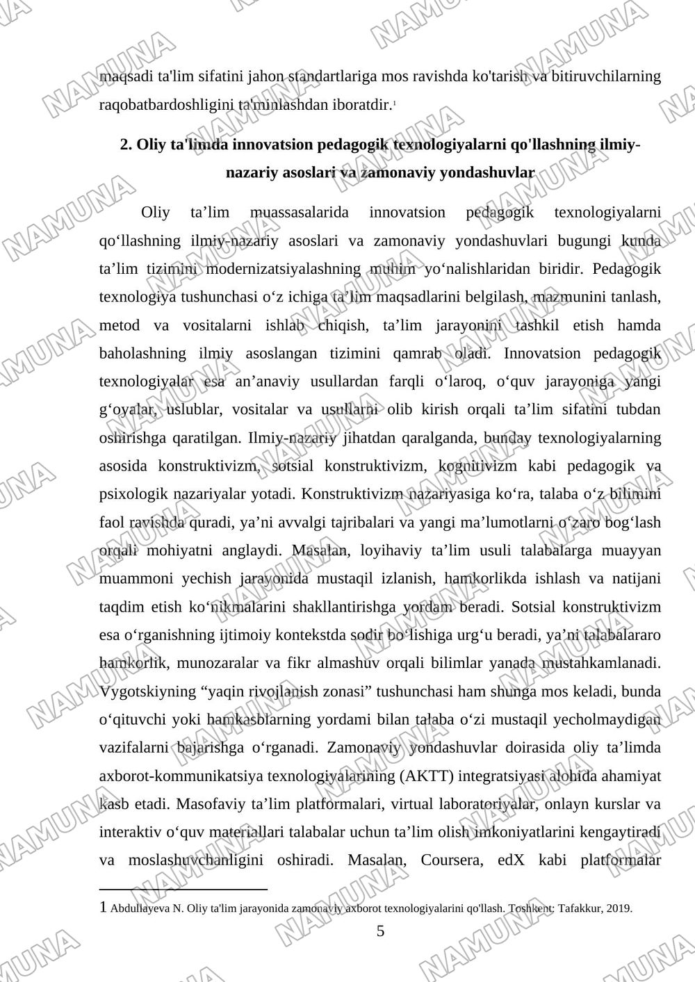 'Oliy ta'limda innovatsion pedagogik texnologiyalarni joriy etish' mavzusida yakuniy ijodiy loyiha tayyorlang va himoya qiling. — mustaqil ish, 5-varaq