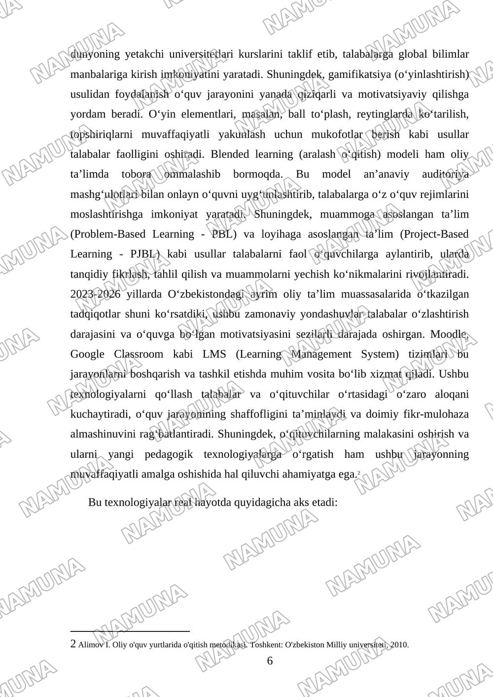 'Oliy ta'limda innovatsion pedagogik texnologiyalarni joriy etish' mavzusida yakuniy ijodiy loyiha tayyorlang va himoya qiling. — mustaqil ish, 6-varaq