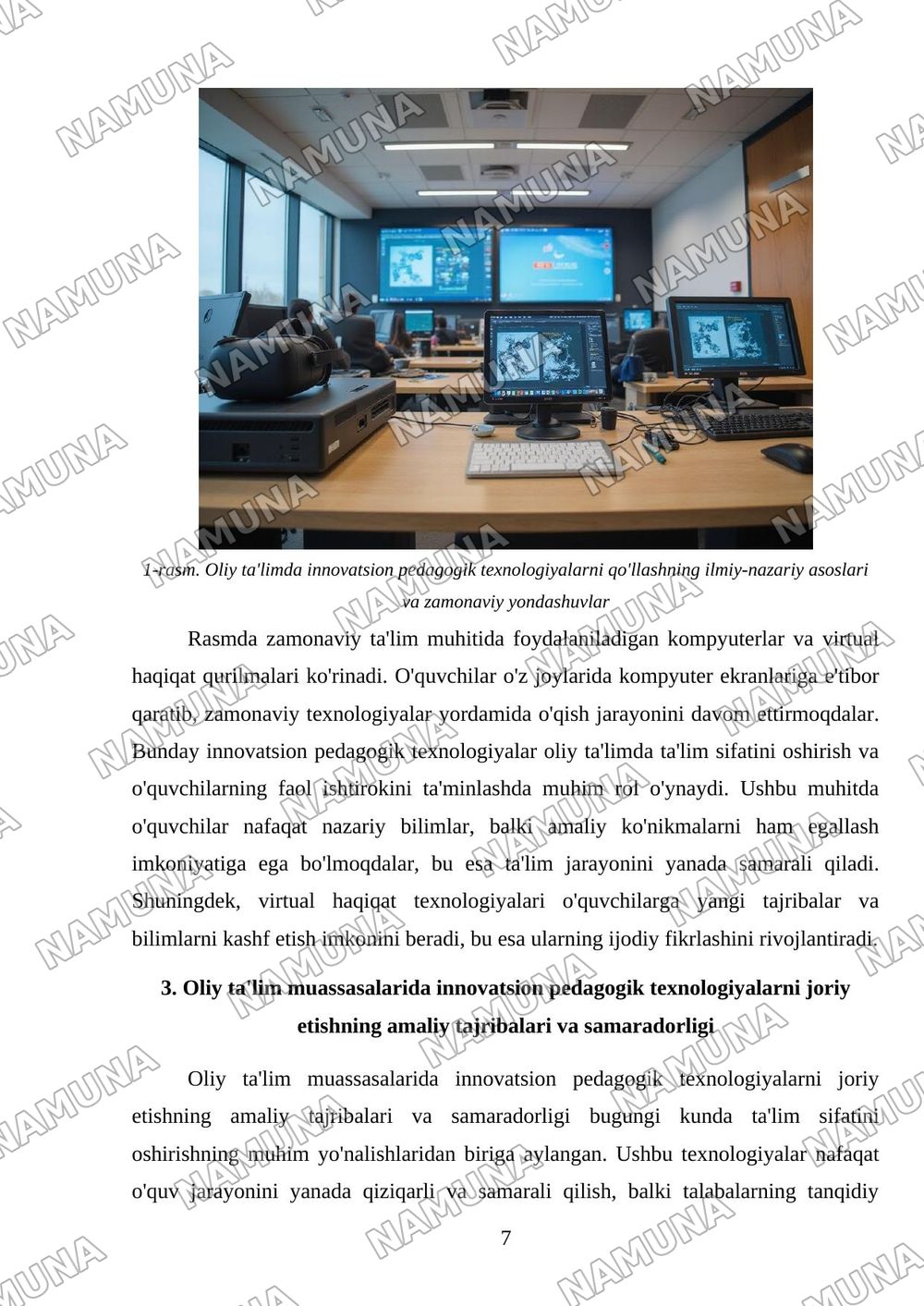 'Oliy ta'limda innovatsion pedagogik texnologiyalarni joriy etish' mavzusida yakuniy ijodiy loyiha tayyorlang va himoya qiling. — mustaqil ish, 7-varaq