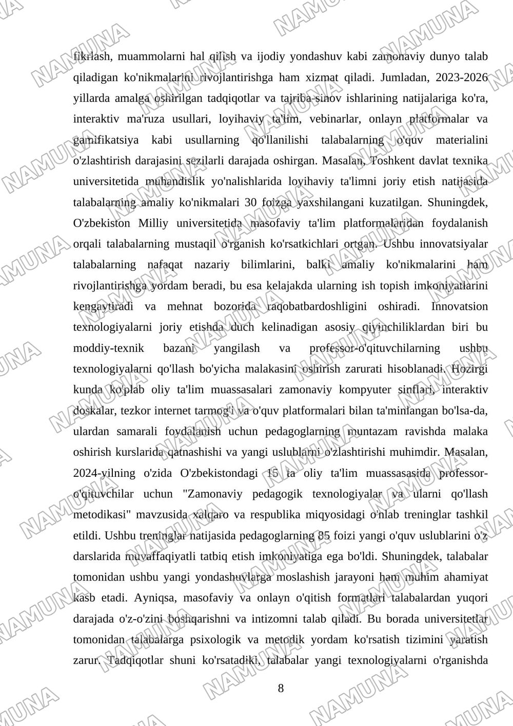 'Oliy ta'limda innovatsion pedagogik texnologiyalarni joriy etish' mavzusida yakuniy ijodiy loyiha tayyorlang va himoya qiling. — mustaqil ish, 8-varaq