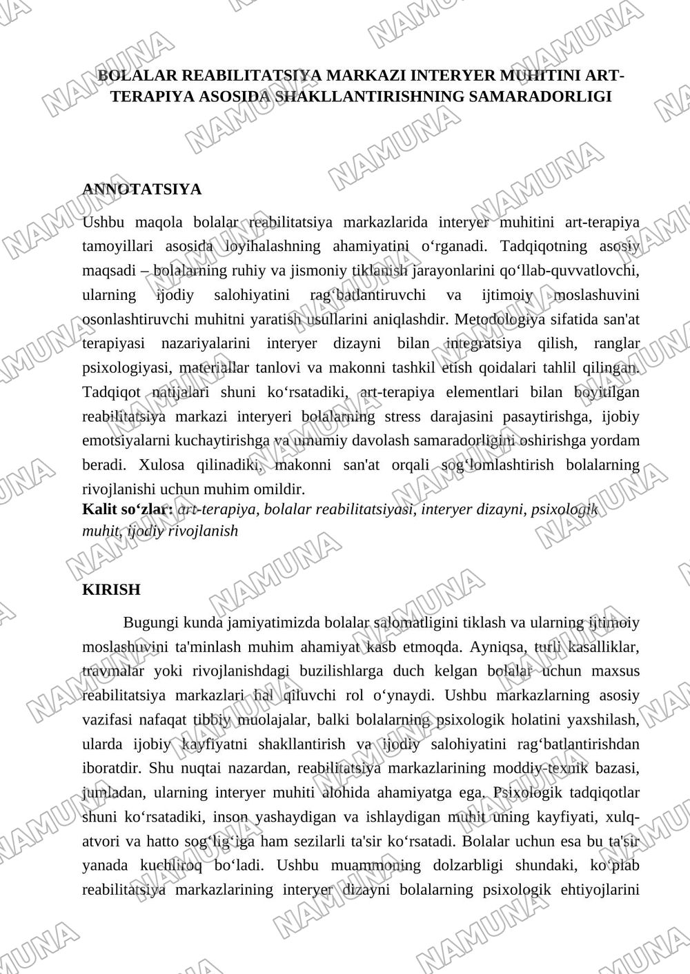 Bolalar realibitatsiya markazi Interyer muhitini art terapiya asosida shakllantirish — maqola, 1-varaq