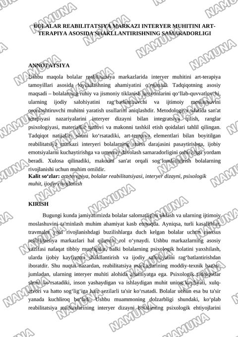 Bolalar realibitatsiya markazi Interyer muhitini art terapiya asosida shakllantirish — maqola