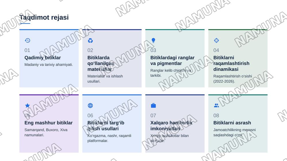 O‘zbekiston qadimiy me’moriy yodgorliklaridagi bitiklardan namuna bajarish usullari — zamonaviy taqdimot, 2-slayd