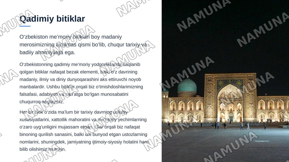 O‘zbekiston qadimiy me’moriy yodgorliklaridagi bitiklardan namuna bajarish usullari — zamonaviy taqdimot, 3-slayd