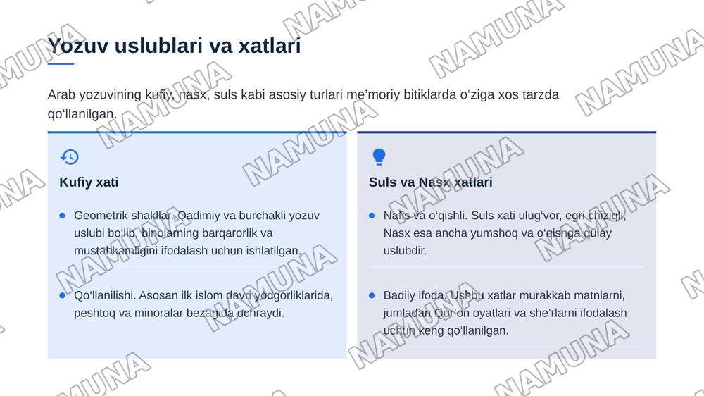 O‘zbekiston qadimiy me’moriy yodgorliklaridagi bitiklardan namuna bajarish usullari — zamonaviy taqdimot, 6-slayd