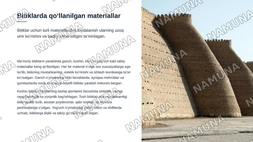 O‘zbekiston qadimiy me’moriy yodgorliklaridagi bitiklardan namuna bajarish usullari — zamonaviy taqdimot, 7-slayd