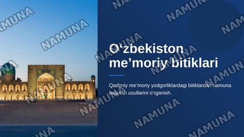 O‘zbekiston qadimiy me’moriy yodgorliklaridagi bitiklardan namuna bajarish usullari — zamonaviy taqdimot