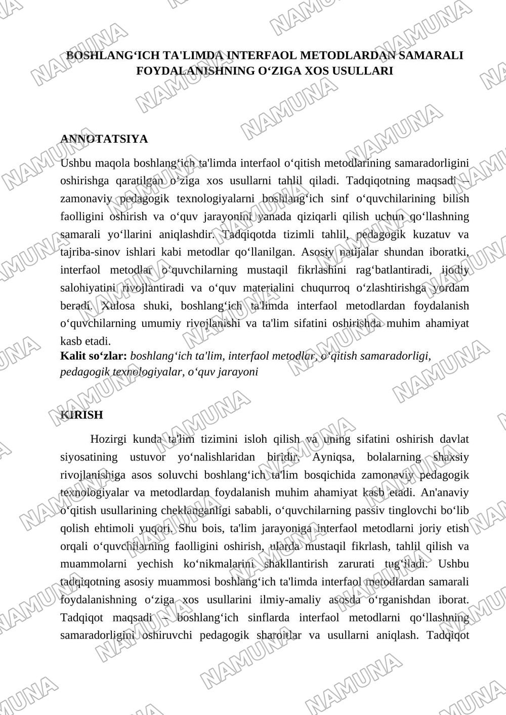 Interfaol metodlardan boshlangich talimda samarali foydalanishning òziga xos usullari — maqola, 1-varaq