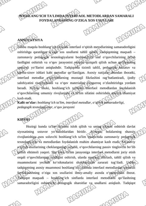 Interfaol metodlardan boshlangich talimda samarali foydalanishning òziga xos usullari — maqola