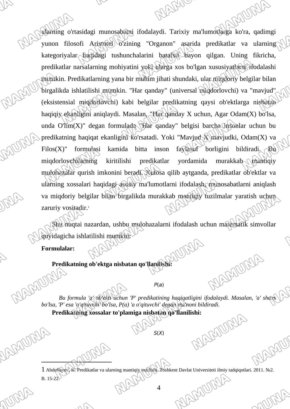 Predikatlar va mulohazalar formulalarining o'zaro farqlari — referat, 4-varaq