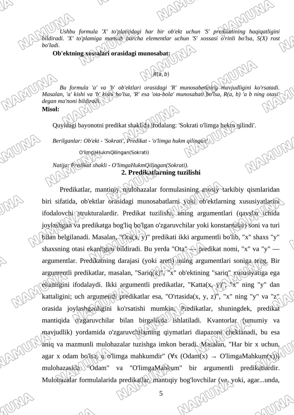 Predikatlar va mulohazalar formulalarining o'zaro farqlari — referat, 5-varaq