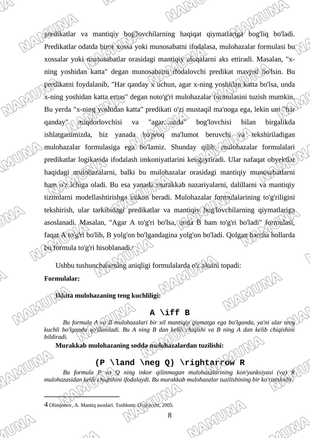 Predikatlar va mulohazalar formulalarining o'zaro farqlari — referat, 8-varaq
