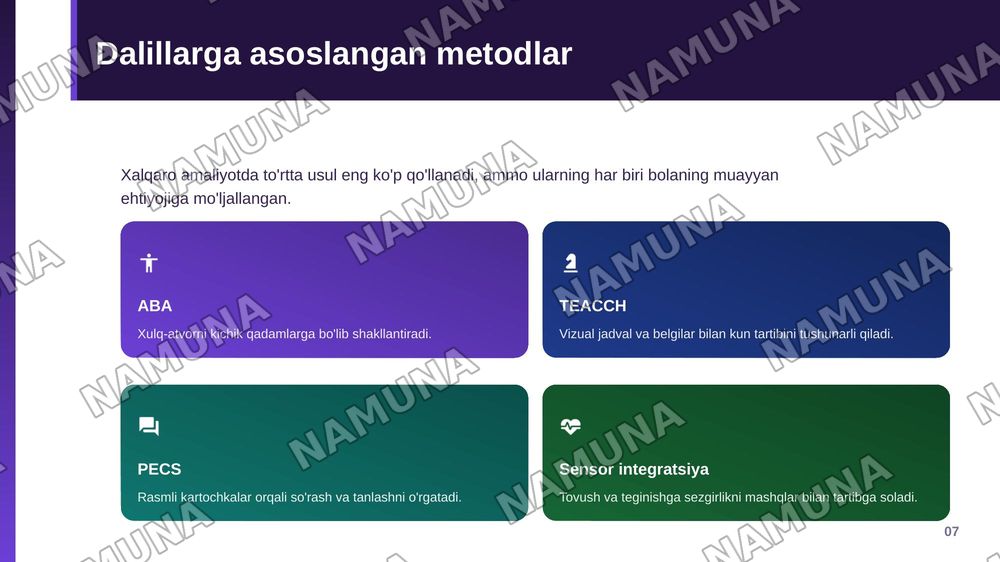 Autizm spektri holatlarida dalillarga asoslangan pedagogik yondashuvlar — zamonaviy taqdimot, 8-slayd