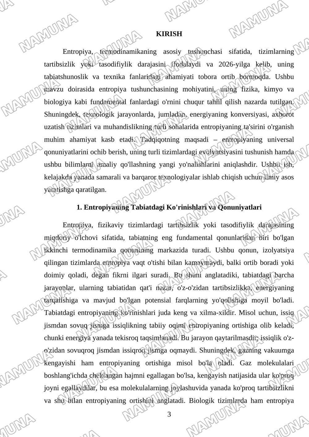 ENTROPIYA TUSHUNCHASI VA UNING TABIAT HAMDA TEXNIKADAGI O'RNI — mustaqil ish, 3-varaq