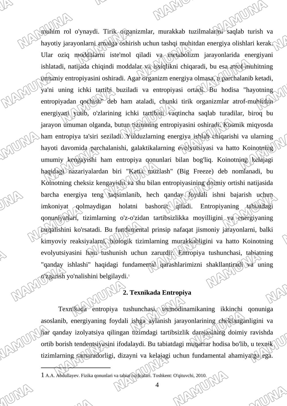 ENTROPIYA TUSHUNCHASI VA UNING TABIAT HAMDA TEXNIKADAGI O'RNI — mustaqil ish, 4-varaq