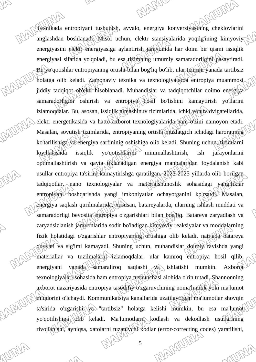 ENTROPIYA TUSHUNCHASI VA UNING TABIAT HAMDA TEXNIKADAGI O'RNI — mustaqil ish, 5-varaq