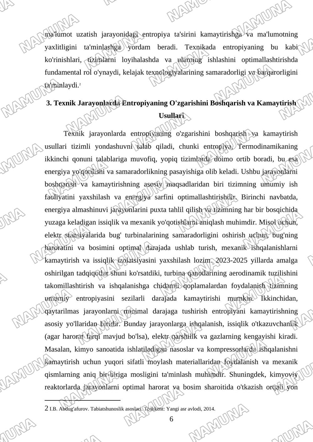 ENTROPIYA TUSHUNCHASI VA UNING TABIAT HAMDA TEXNIKADAGI O'RNI — mustaqil ish, 6-varaq