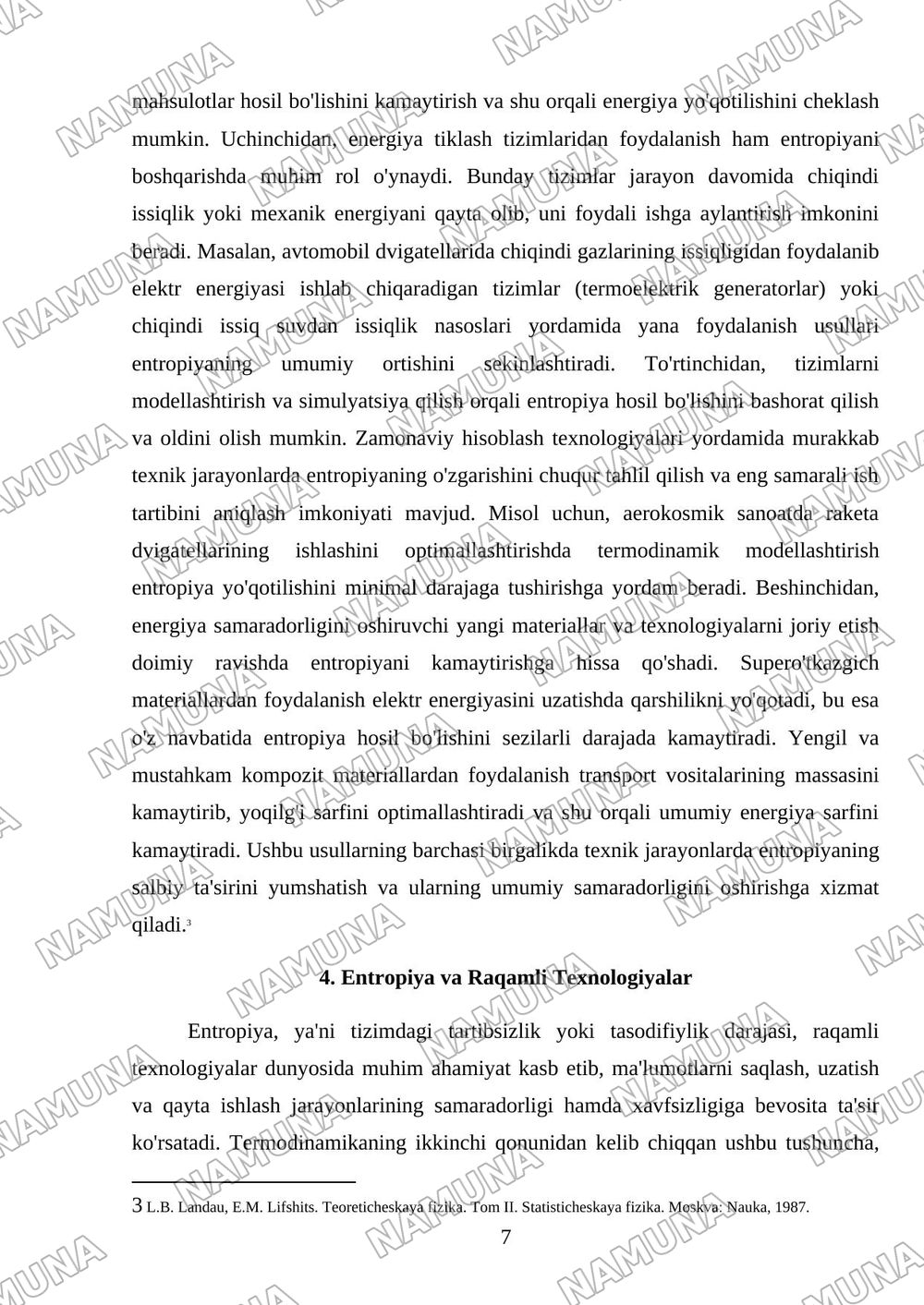 ENTROPIYA TUSHUNCHASI VA UNING TABIAT HAMDA TEXNIKADAGI O'RNI — mustaqil ish, 7-varaq