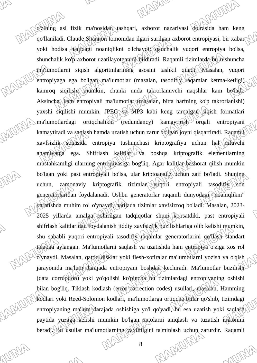 ENTROPIYA TUSHUNCHASI VA UNING TABIAT HAMDA TEXNIKADAGI O'RNI — mustaqil ish, 8-varaq