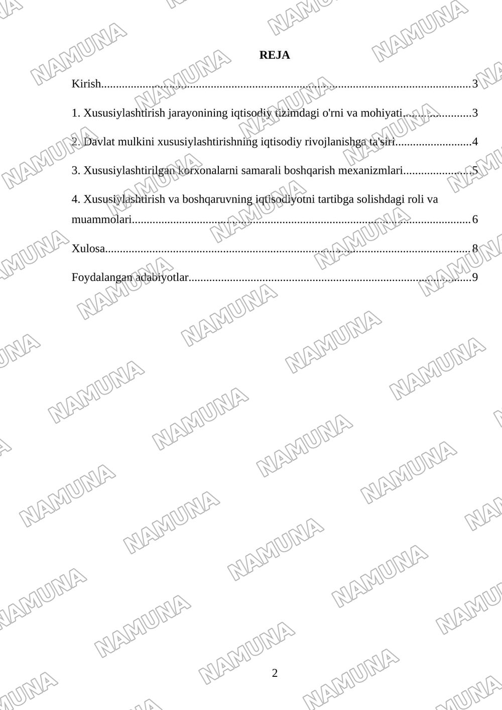 Davlat mulkini xususiylashtirish va boshgarish- iqtisodiyotni tartibga solish vositasi — referat, 2-varaq
