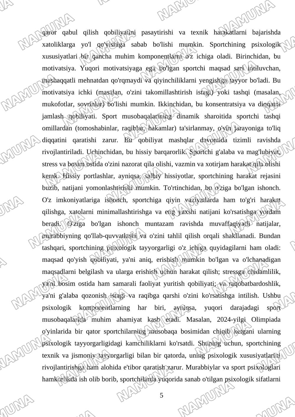 Sportchining texnik tayyorgarligi va uning psixologik xususiyatlari toʻgʻrisida umumiy tushuncha — referat, 5-varaq