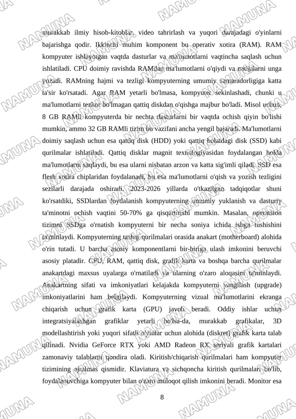 Kompeyuter tizimining apparati va dasturiy ta'minoti. Kompyuterning asosiy qurilmalari — mustaqil ish, 8-varaq