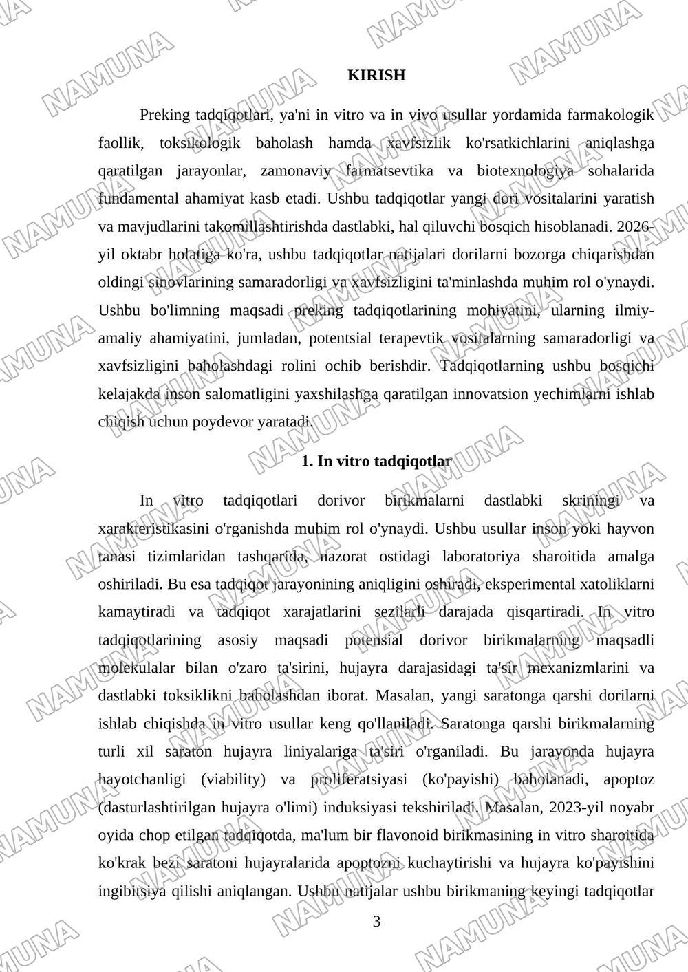 Preking tadqiqotlar: In virto vain vivo tadqiqotlar, farmokologik faollik, toksikologik baholash hamda hafsizlik korsatkichlarini oz ichiga olgan sxematik maket yoki axborot stendi tayyorlash — mustaqil ish, 3-varaq